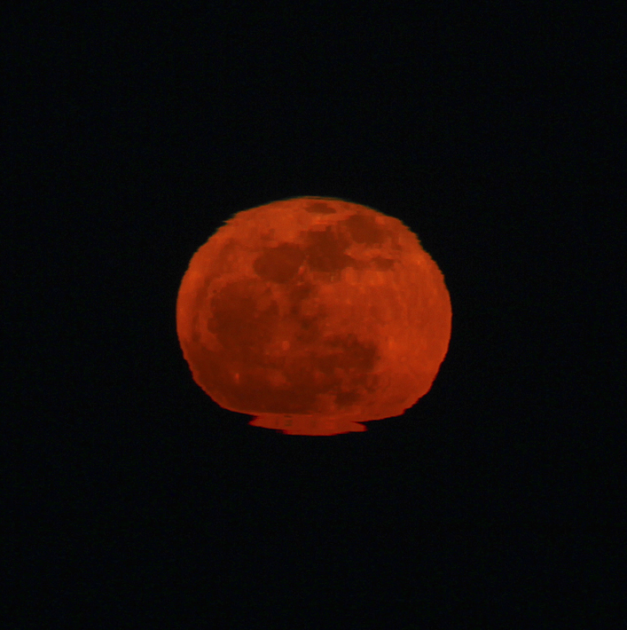 If you have watched the moon rise through the magnification of a pair of binoculars or a telescope, you may have noticed that it is not precisely circular in shape.  The dense atmosphere close to the earth's surface usually contains warm and cold air layers.   As the light passes through them, it may bend the light transmitted from the image and cause distortion.  The effect is readily apparent in this image and especially at the base of the moon.  The rich orange color is also an effect of atmospheric dust and haze or moisture in the air. 
