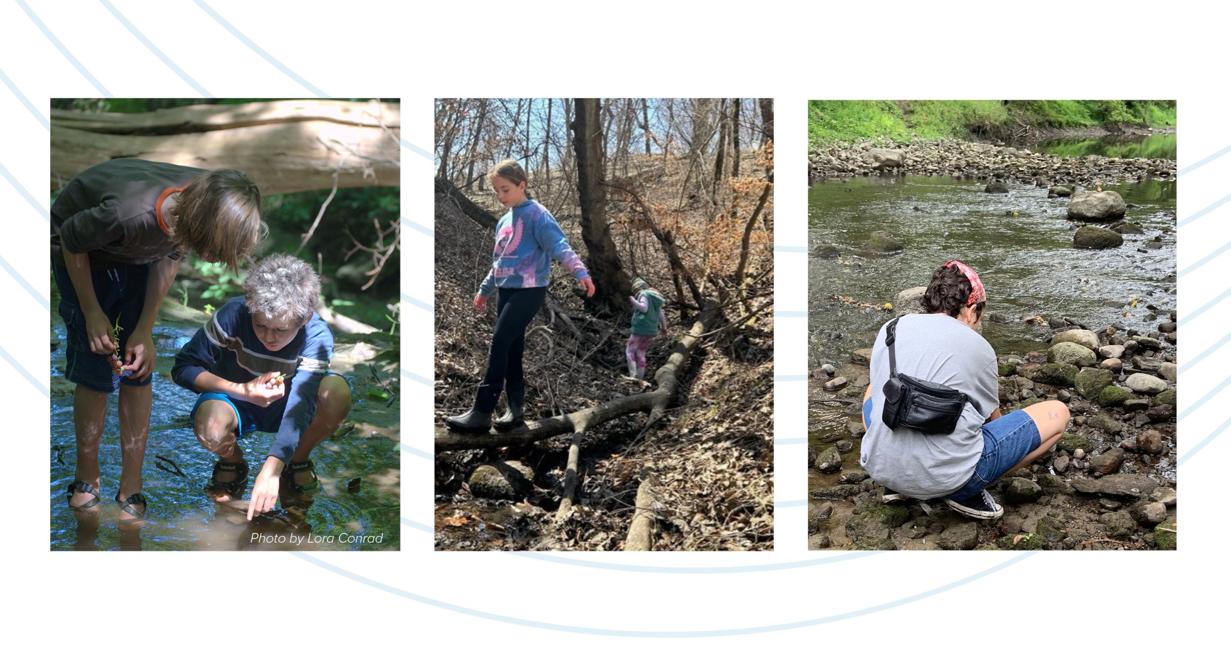 Three photos showing different youth exploring creeks.