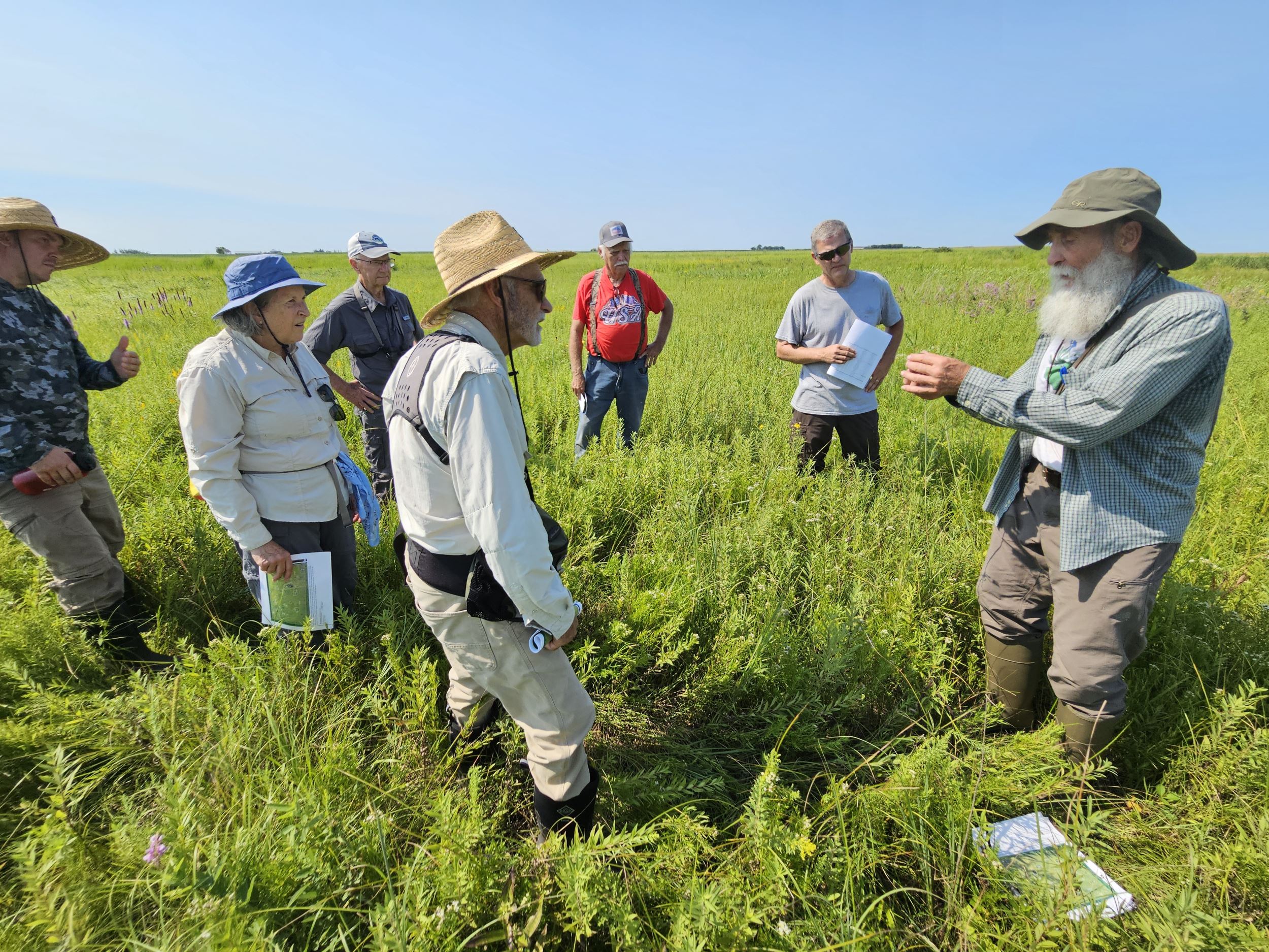 Dr. Tom Rosburg shows a plant during a hike at Wildin Heritage Prairie