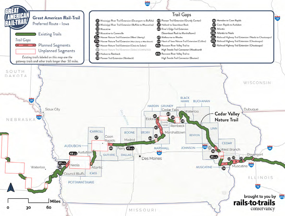 Map of Rails-to-Trails route across Iowa