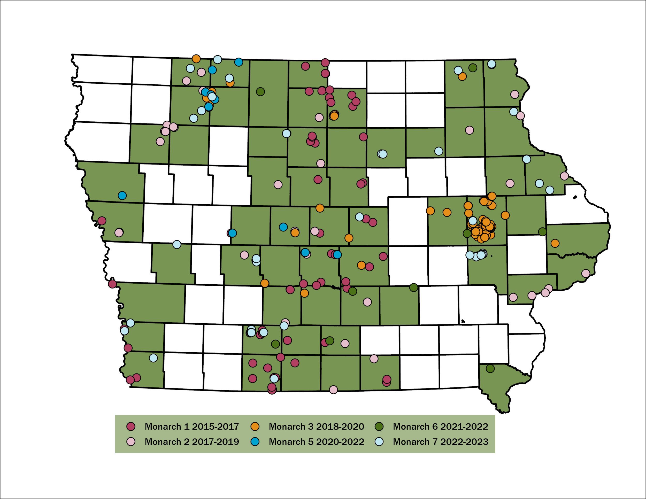 Map of sites managed or restored with grant funding to support monarchs.