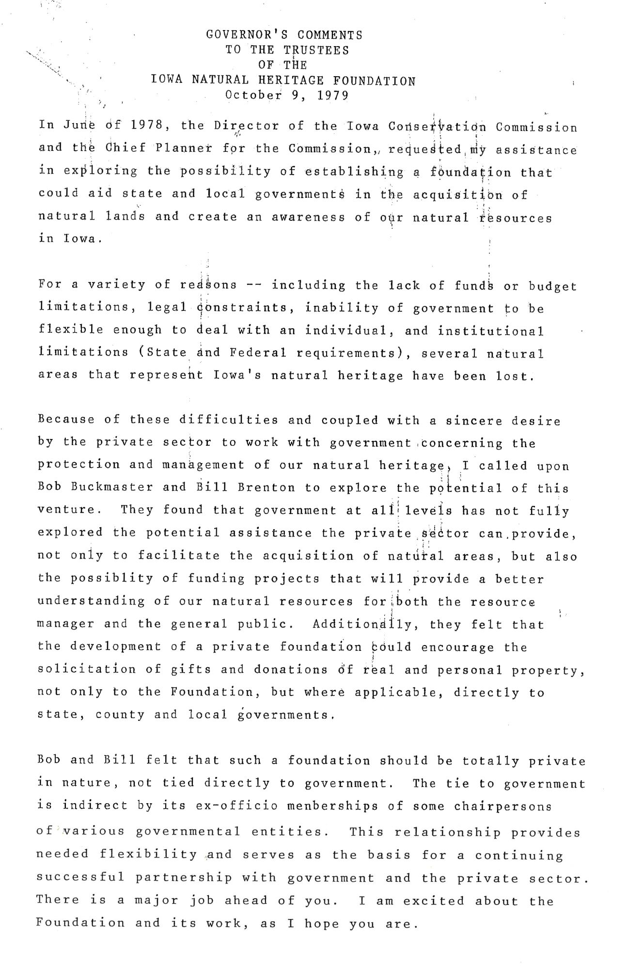Image of letter written by former Governor Robert Ray to INHF