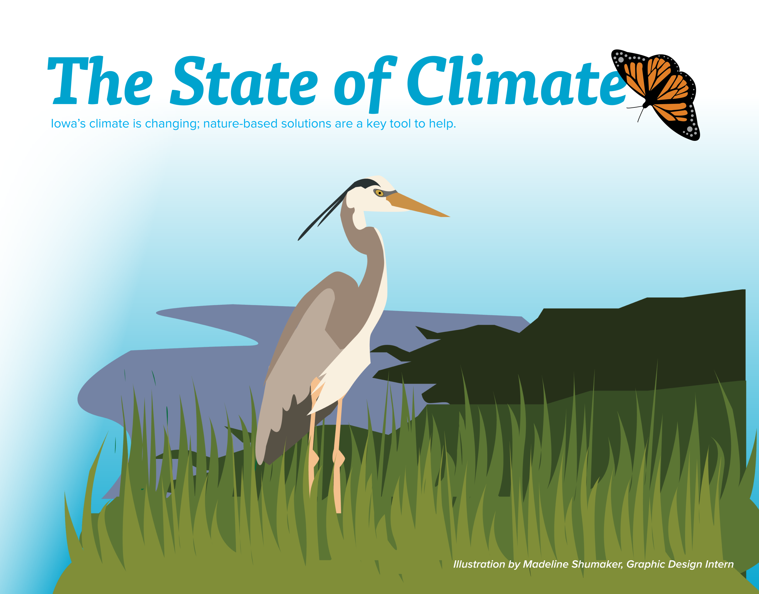 Illustrated graphic with monarch, wetland and Great Blue Heron