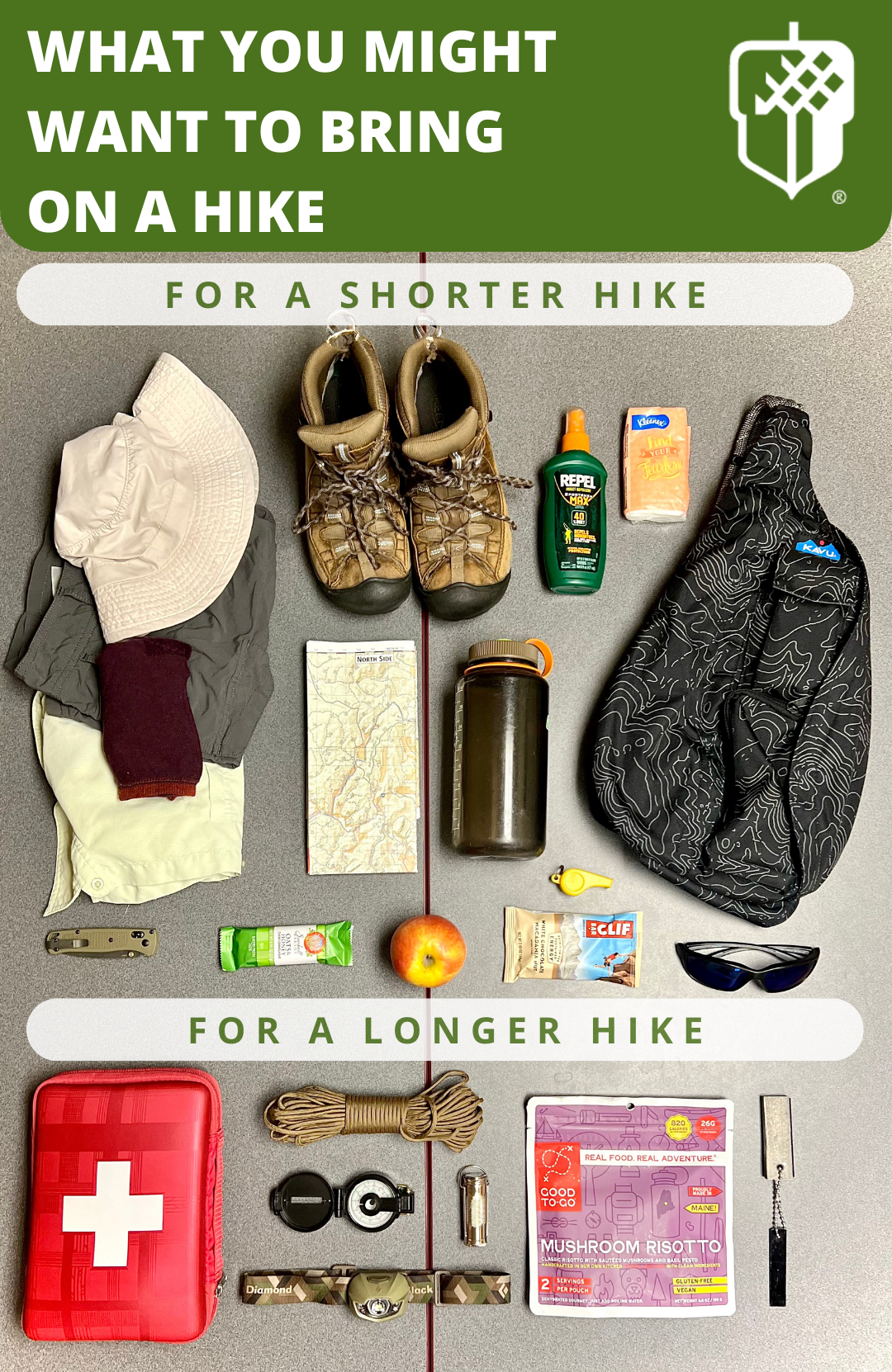 Flat lay of items to bring with you on a hike.
