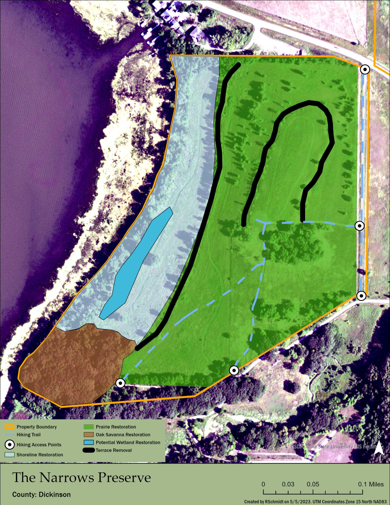 Map showing where different management work will be done at The Narrows Preserve